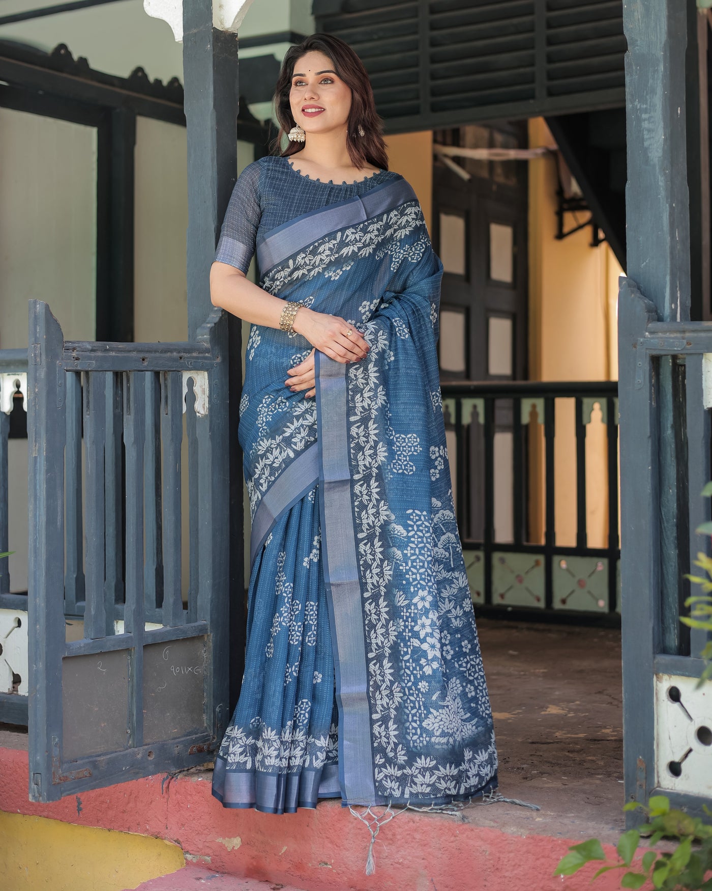 Indigo Blue Pure Cotton Linen Saree with White Floral Pattern, Blouse & Tassel Details