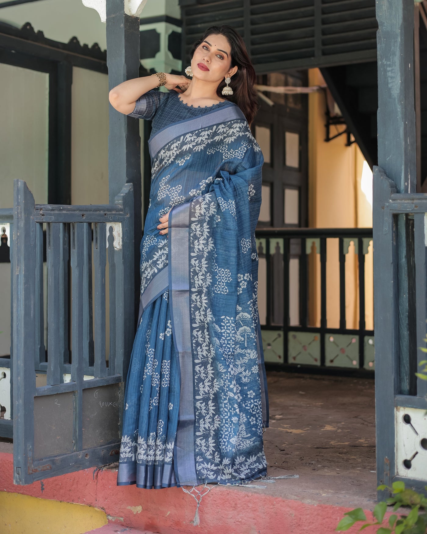 Indigo Blue Pure Cotton Linen Saree with White Floral Pattern, Blouse & Tassel Details