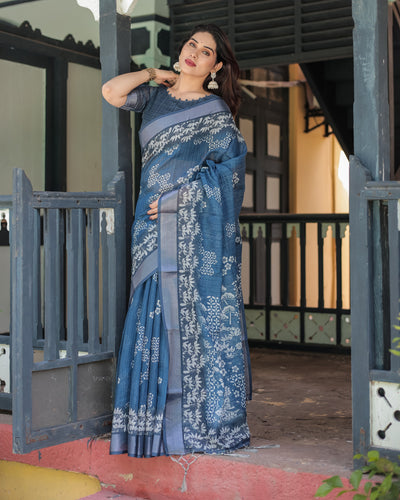 Indigo Blue Pure Cotton Linen Saree with White Floral Pattern, Blouse & Tassel Details