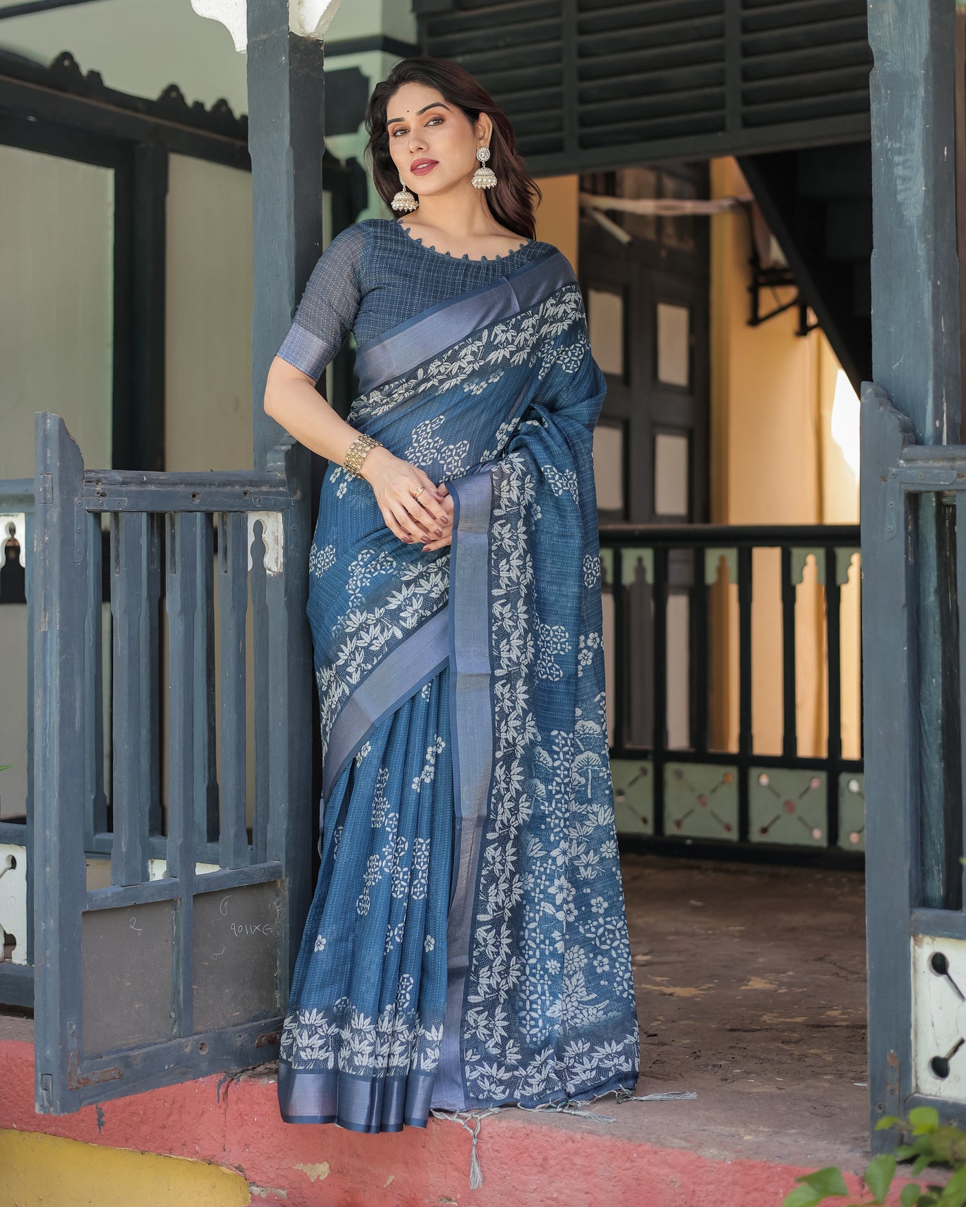 Indigo Blue Pure Cotton Linen Saree with White Floral Pattern, Blouse & Tassel Details