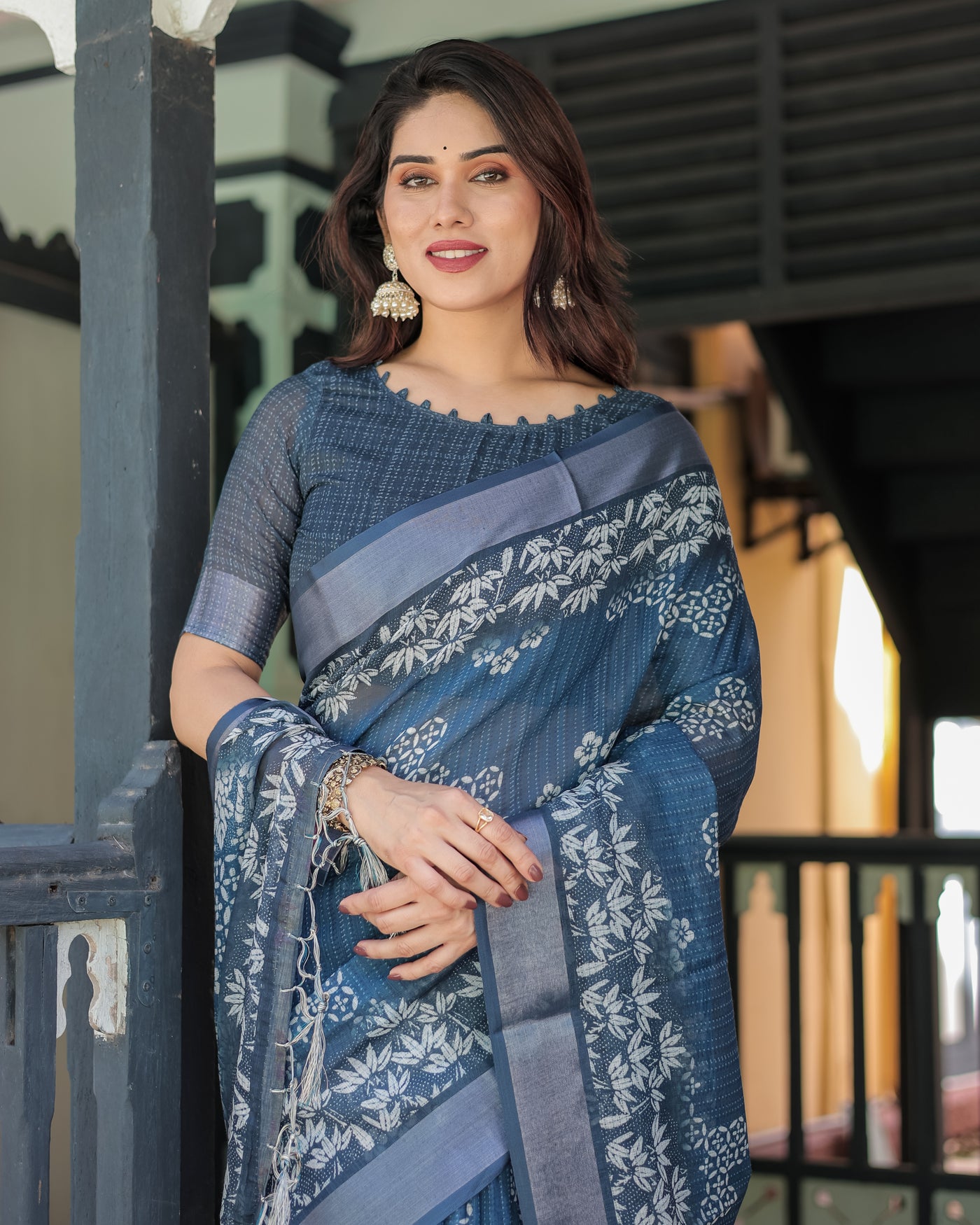 Indigo Blue Pure Cotton Linen Saree with White Floral Pattern, Blouse & Tassel Details