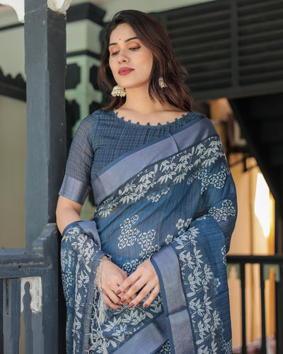 Indigo Blue Pure Cotton Linen Saree with White Floral Pattern, Blouse & Tassel Details