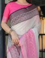 Elegant White and Pink Pure Cotton Linen Saree with Intricate Floral and Geometric Border Design and Tassels on Edges