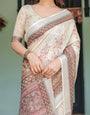 Cream and Brown Floral Print Pure Cotton Linen Saree with Blouse and Tassels on Edges