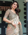 Cream and Olive Green Pure Cotton Linen Saree with Floral and Geometric Print and Tassels on Edges