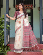 Off-white Pure Cotton Linen Saree with Intricate Geometric Pattern and Tassels on Edges