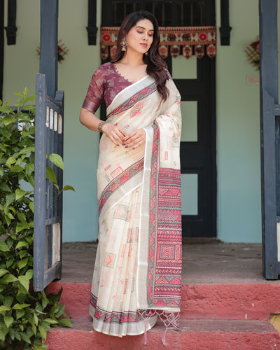 Off-white Pure Cotton Linen Saree with Intricate Geometric Pattern and Tassels on Edges