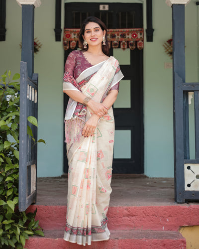 Off-white Pure Cotton Linen Saree with Intricate Geometric Pattern and Tassels on Edges