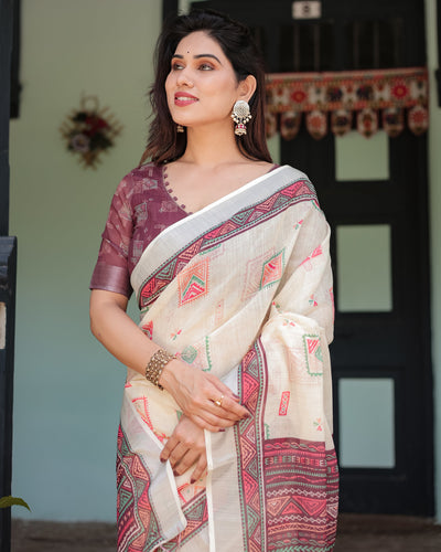 Off-white Pure Cotton Linen Saree with Intricate Geometric Pattern and Tassels on Edges