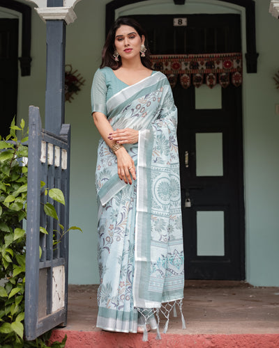 Mint Green Floral Pure Cotton Linen Saree with Blouse and Tassels