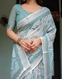 Mint Green Floral Pure Cotton Linen Saree with Blouse and Tassels