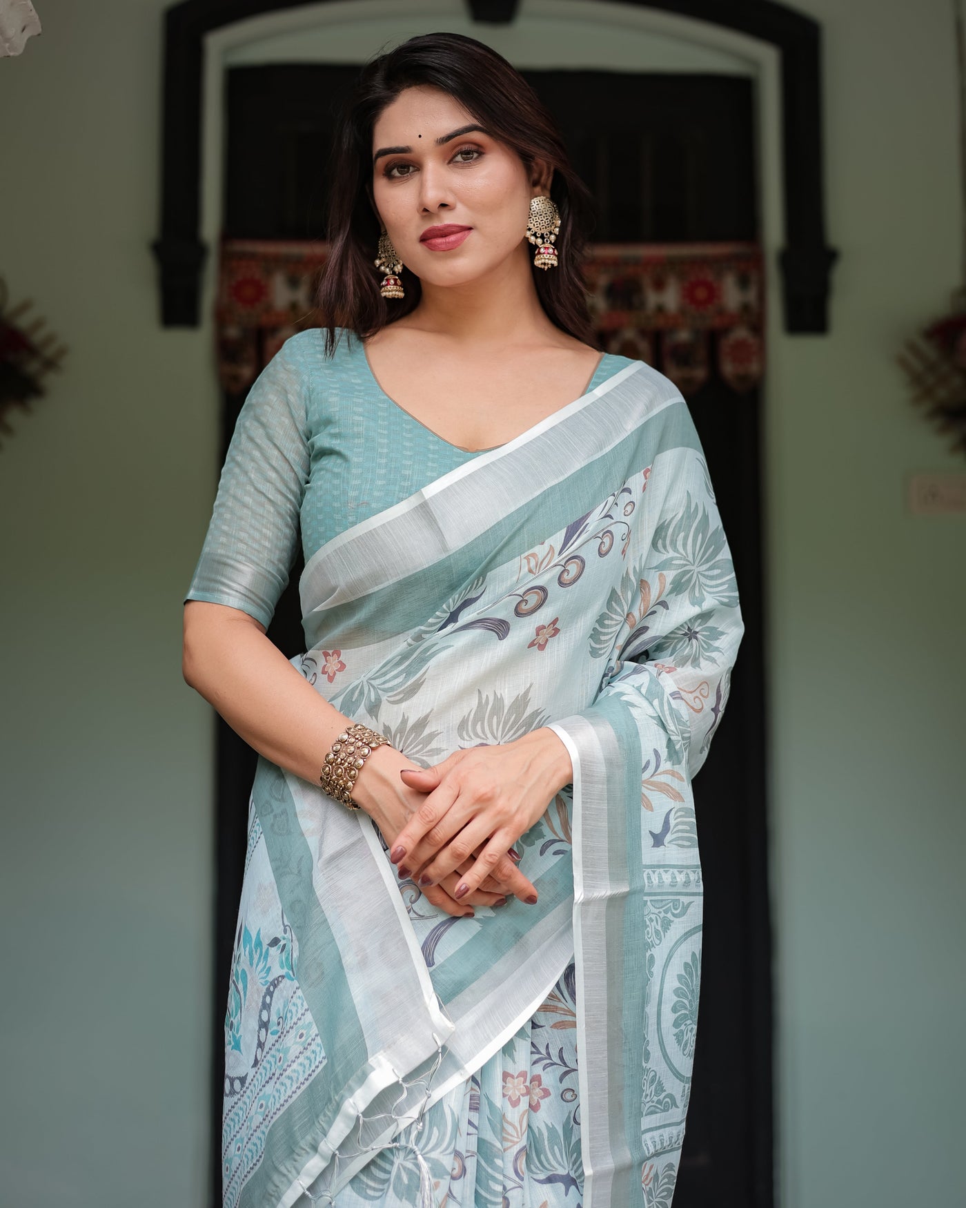 Mint Green Floral Pure Cotton Linen Saree with Blouse and Tassels