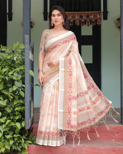 Beige and Pink Floral Printed Pure Cotton Linen Saree with Blouse and Tassels on Edges