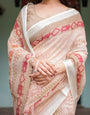 Beige and Pink Floral Printed Pure Cotton Linen Saree with Blouse and Tassels on Edges