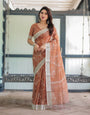 Terracotta Brown Floral Handprinted Pure Cotton Linen Saree with Tassels