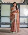 Terracotta Brown Floral Handprinted Pure Cotton Linen Saree with Tassels