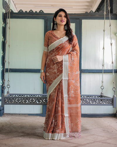 Terracotta Brown Floral Handprinted Pure Cotton Linen Saree with Tassels