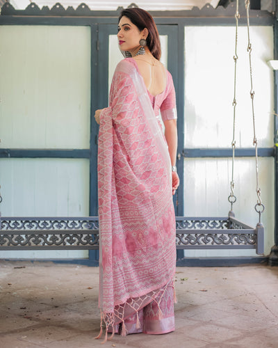 Elegant Rose Pink Pure Cotton Linen Saree with White Thread Work, Matching Blouse, and Tassel Edges