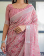 Elegant Rose Pink Pure Cotton Linen Saree with White Thread Work, Matching Blouse, and Tassel Edges