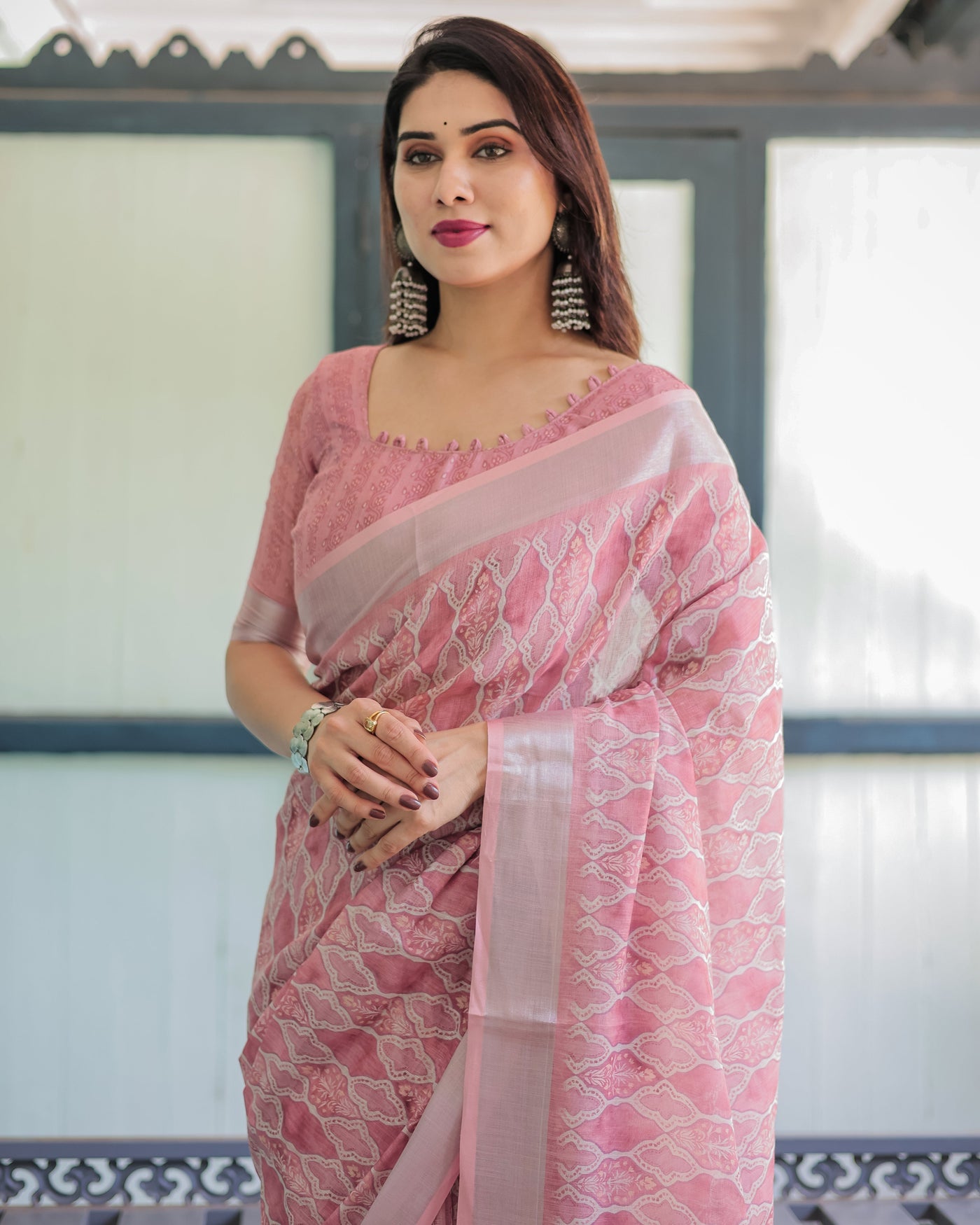 Elegant Rose Pink Pure Cotton Linen Saree with White Thread Work, Matching Blouse, and Tassel Edges