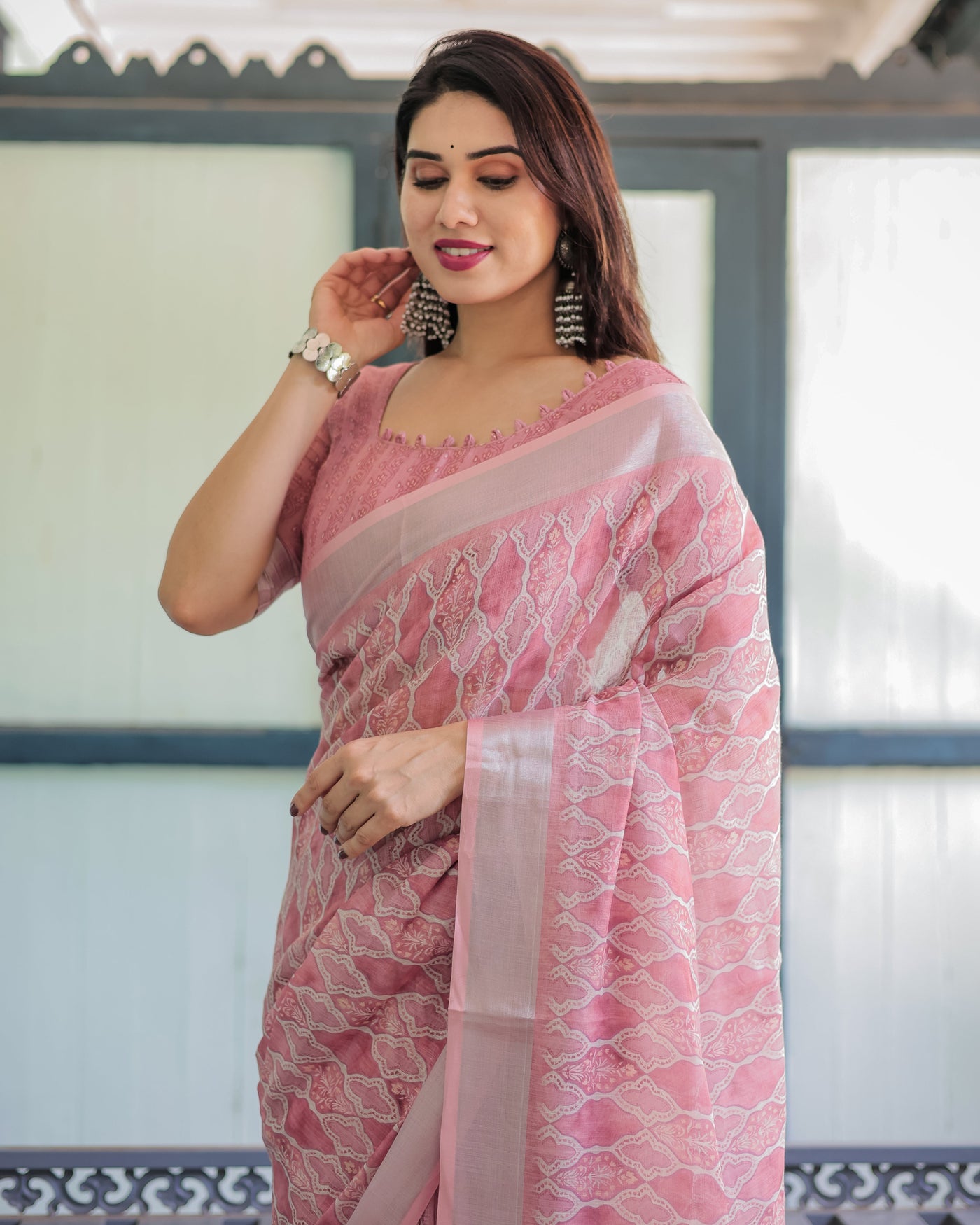 Elegant Rose Pink Pure Cotton Linen Saree with White Thread Work, Matching Blouse, and Tassel Edges