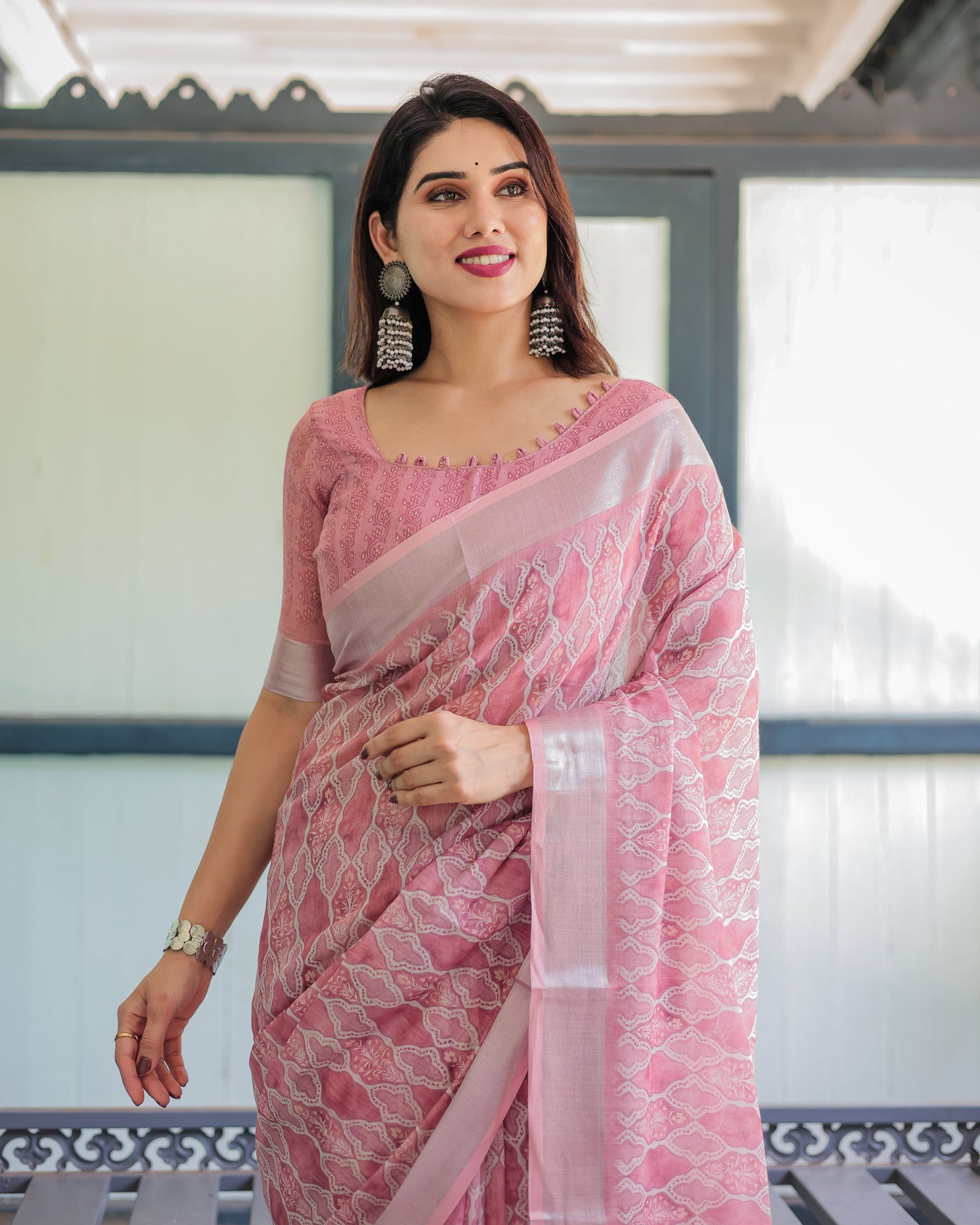 Elegant Rose Pink Pure Cotton Linen Saree with White Thread Work, Matching Blouse, and Tassel Edges