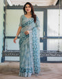 Light Blue Pure Cotton Linen Saree with Geometric and Floral Patterns, Blouse, and Tassels