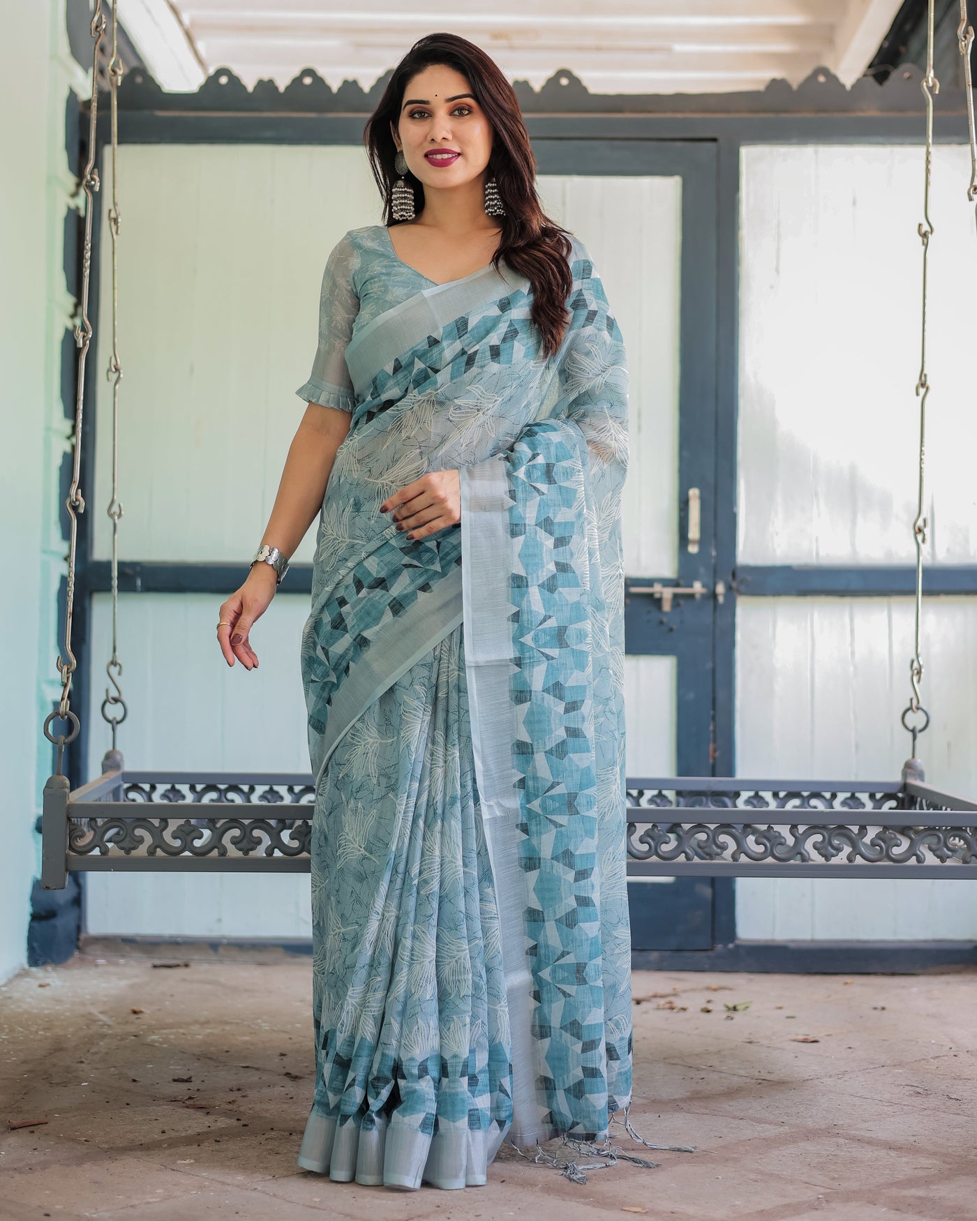 Light Blue Pure Cotton Linen Saree with Geometric and Floral Patterns, Blouse, and Tassels