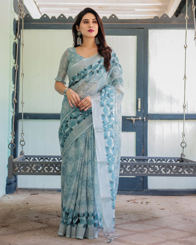 Light Blue Pure Cotton Linen Saree with Geometric and Floral Patterns, Blouse, and Tassels