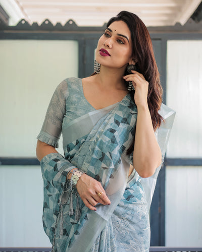 Light Blue Pure Cotton Linen Saree with Geometric and Floral Patterns, Blouse, and Tassels