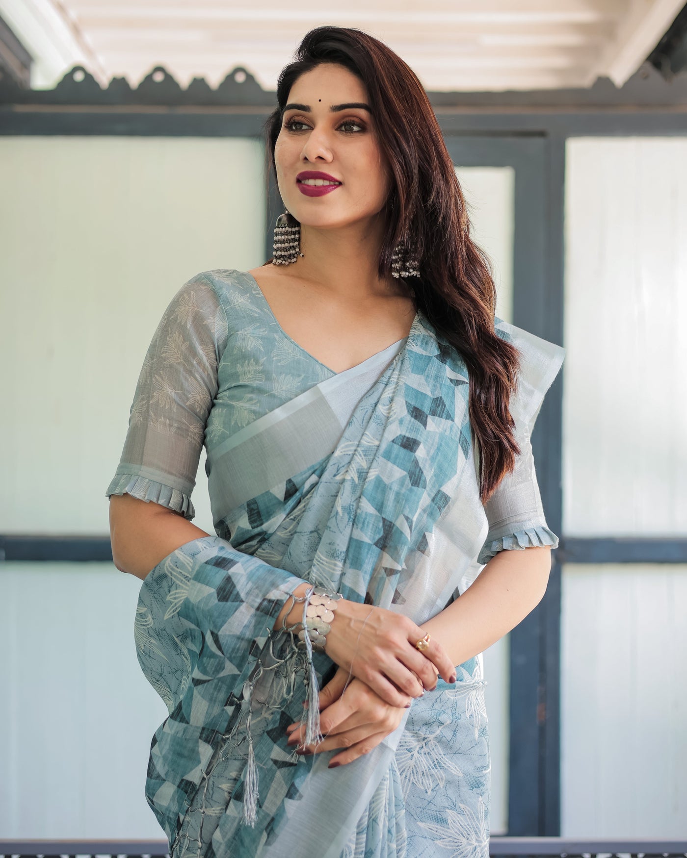 Light Blue Pure Cotton Linen Saree with Geometric and Floral Patterns, Blouse, and Tassels