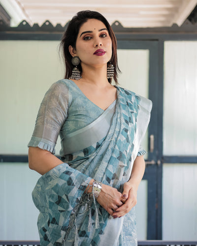 Light Blue Pure Cotton Linen Saree with Geometric and Floral Patterns, Blouse, and Tassels