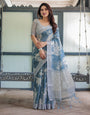 Pastel Blue Floral and Geometric Printed Cotton Linen Saree with Blouse and Tassel Edges