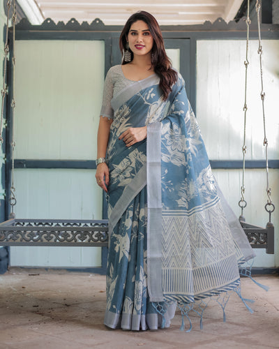 Pastel Blue Floral and Geometric Printed Cotton Linen Saree with Blouse and Tassel Edges