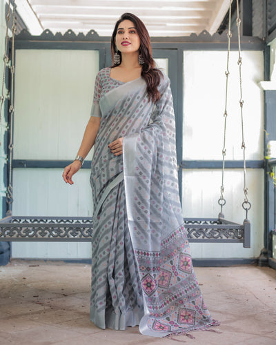 Grey Pastel Geometric & Floral Print Pure Cotton Linen Saree with Blouse and Tassels