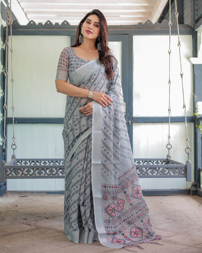 Grey Pastel Geometric & Floral Print Pure Cotton Linen Saree with Blouse and Tassels