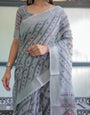 Grey Pastel Geometric & Floral Print Pure Cotton Linen Saree with Blouse and Tassels