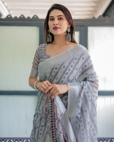 Grey Pastel Geometric & Floral Print Pure Cotton Linen Saree with Blouse and Tassels