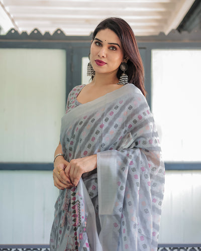 Grey Pastel Geometric & Floral Print Pure Cotton Linen Saree with Blouse and Tassels