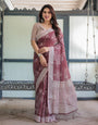 Maroon Floral Printed Pure Cotton Linen Saree with Blouse and Tassels