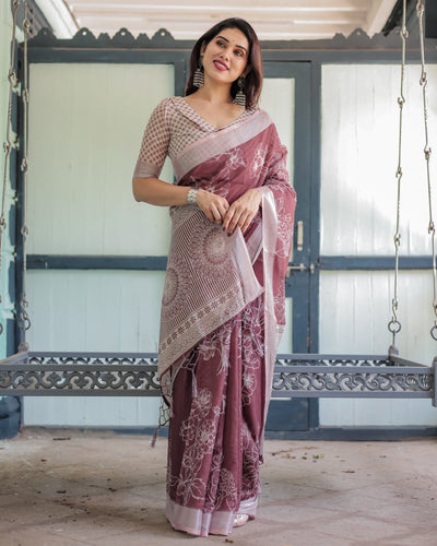 Maroon Floral Printed Pure Cotton Linen Saree with Blouse and Tassels