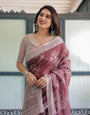 Maroon Floral Printed Pure Cotton Linen Saree with Blouse and Tassels