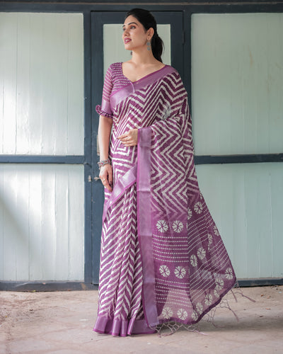 Purple and White Zigzag Patterned Pure Cotton Linen Saree with Blouse and Tassel Edges