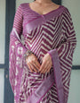 Purple and White Zigzag Patterned Pure Cotton Linen Saree with Blouse and Tassel Edges