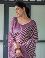 Purple and White Zigzag Patterned Pure Cotton Linen Saree with Blouse and Tassel Edges