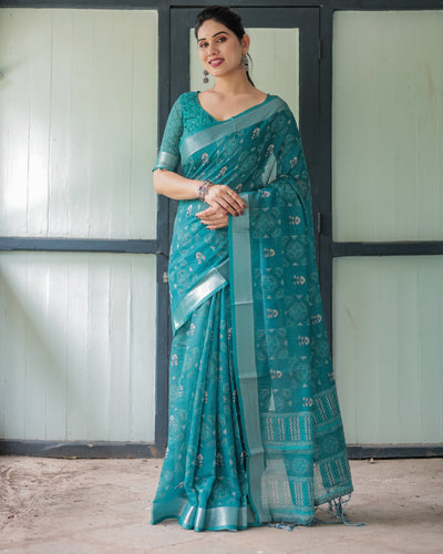 Teal Green Pure Cotton Linen Saree with Silver Floral Motifs and Tassels