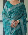 Teal Green Pure Cotton Linen Saree with Silver Floral Motifs and Tassels