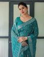 Teal Green Pure Cotton Linen Saree with Silver Floral Motifs and Tassels