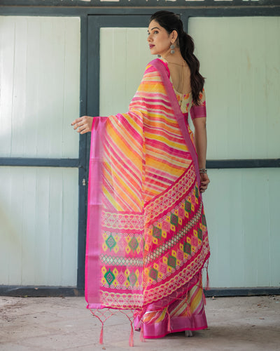 Vibrant Yellow and Pink Ikat Printed Cotton Linen Saree with Blouse and Tassels