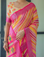 Vibrant Yellow and Pink Ikat Printed Cotton Linen Saree with Blouse and Tassels